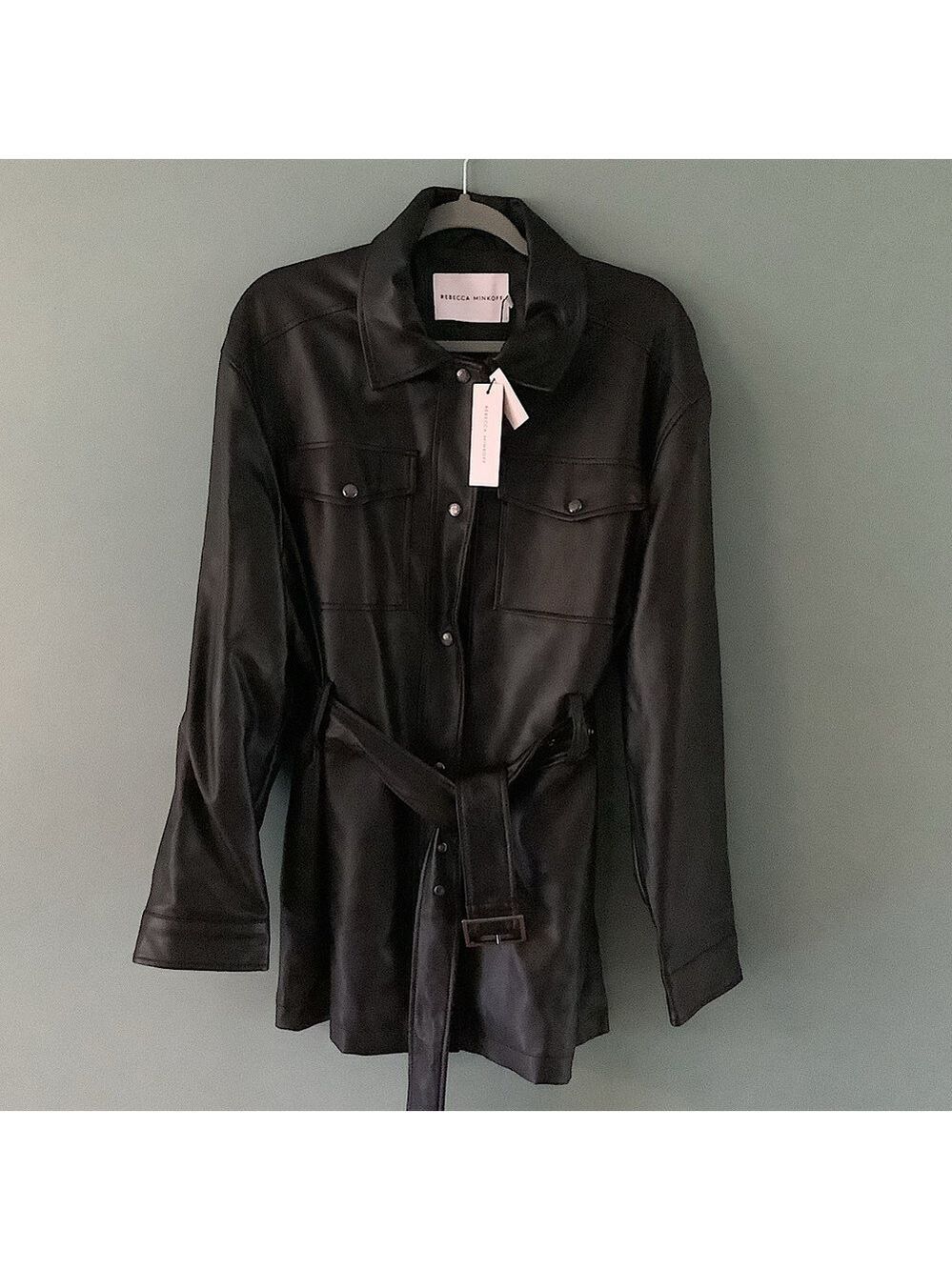 Rebecca Minkoff Faux Leather Black Belted Shirt Jacket XL New - Picture 2 of 6